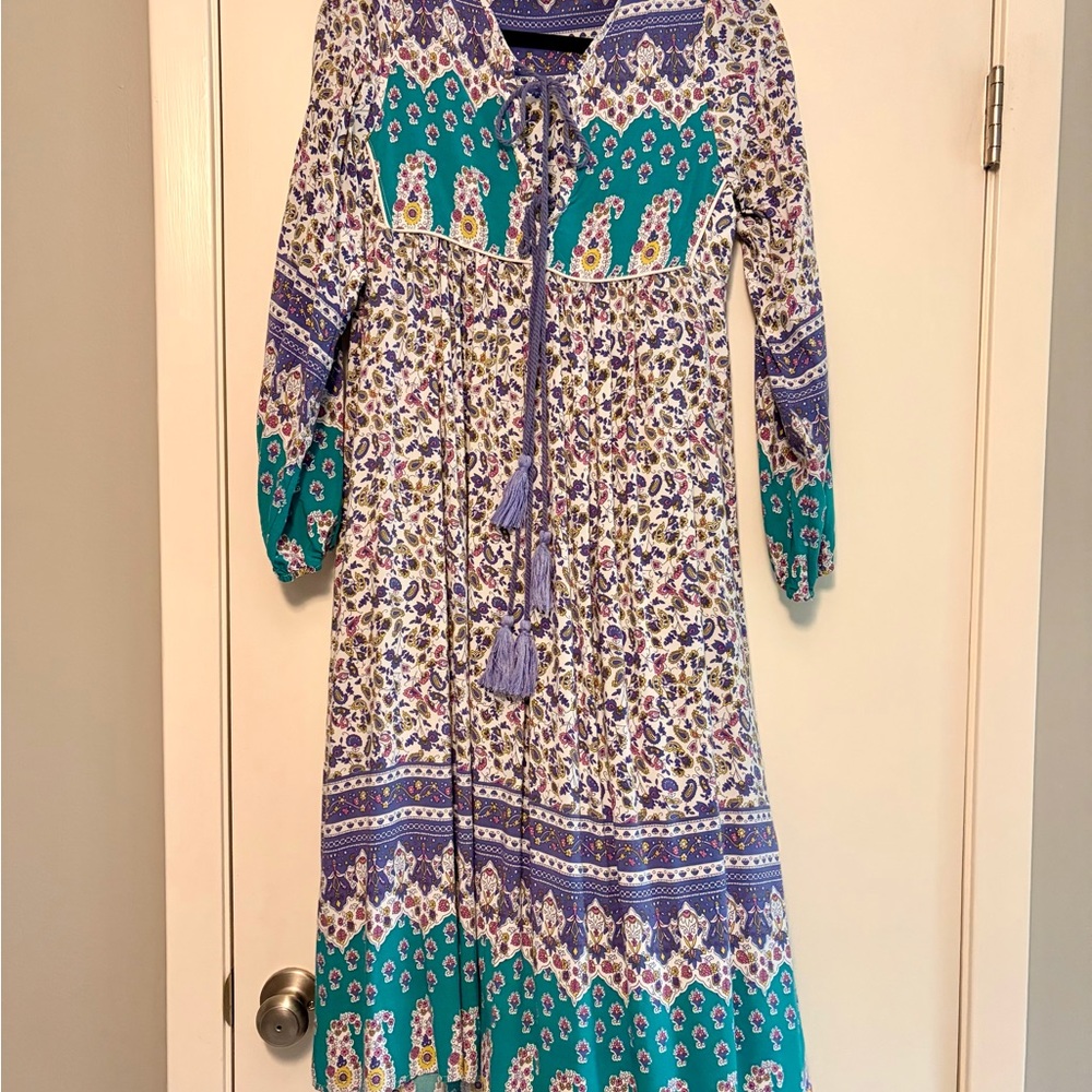 Teal and Purple Floral Midi Dress with Tassel Tie